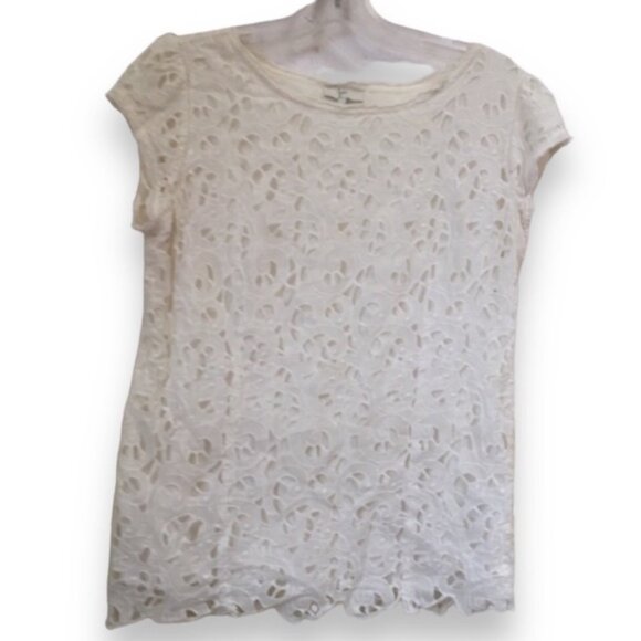 Joie Eyelet Lace Shirt Short Sleeve Crew Top Blouse Neutral White Lined Sheer S - Picture 1 of 14